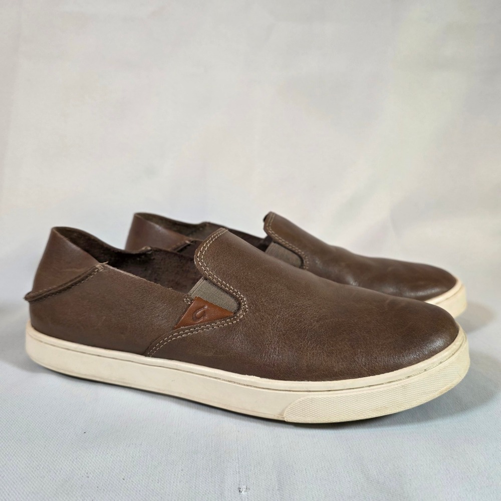 OluKai Pehuea Womens 8.5 Leather Slip On Sneakers Fox Brown Coastal Everyday